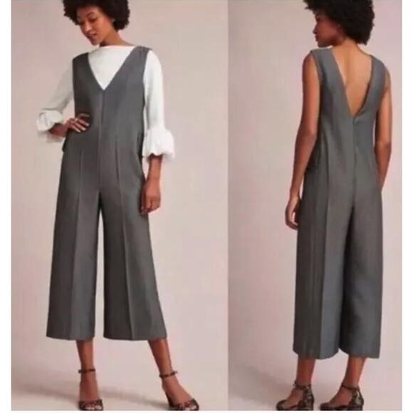 Anthropologie Cartonnier Jumpsuit Womens Small Gray Herringbone V Neck Culotte - Picture 1 of 9